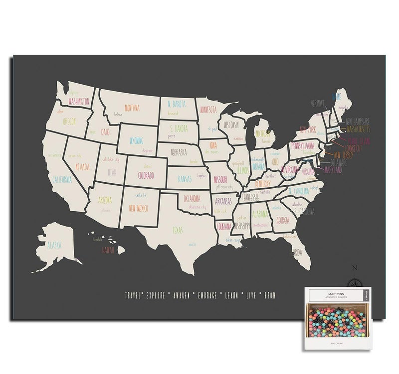 Epic Adventure Maps - USA State Travel Adventure Map Poster - Includes Push Pins - Vintage Grey / 24 x 17 Inches - Image 1
